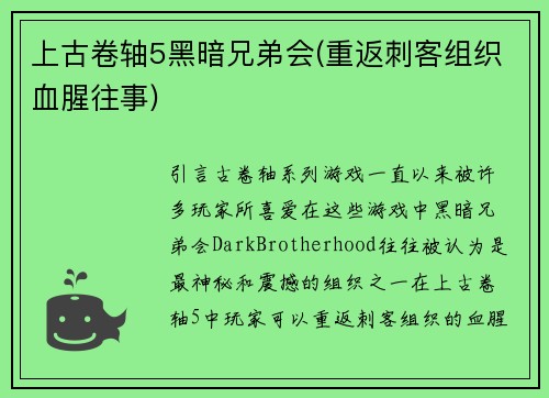 上古卷轴5黑暗兄弟会(重返刺客组织血腥往事)